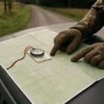 Hunter reviewing a paper map beside a GPS device and marked property boundary in a wooded field setting